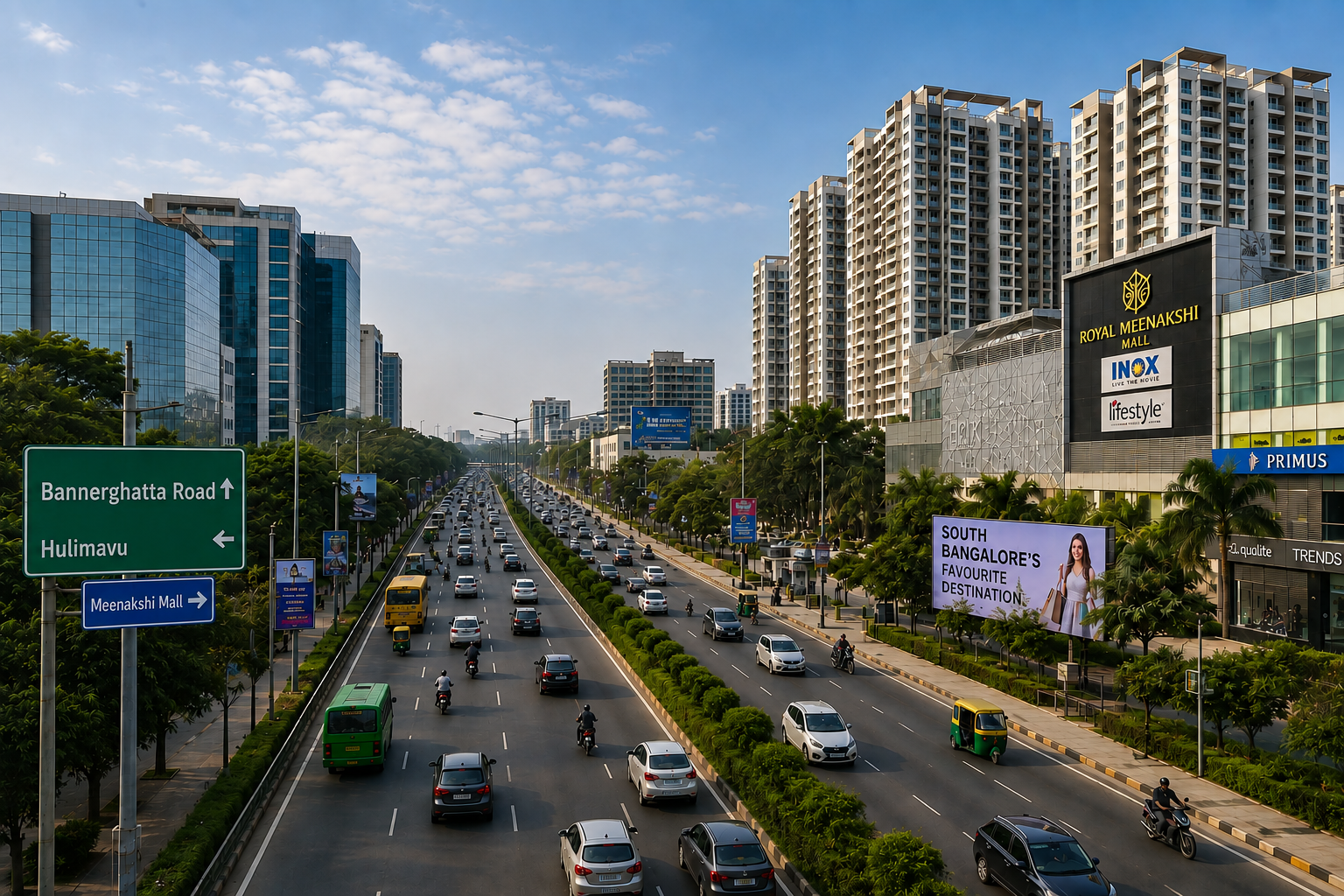Residential apartment buildings and tree cover along Bannerghatta Road, Bengaluru