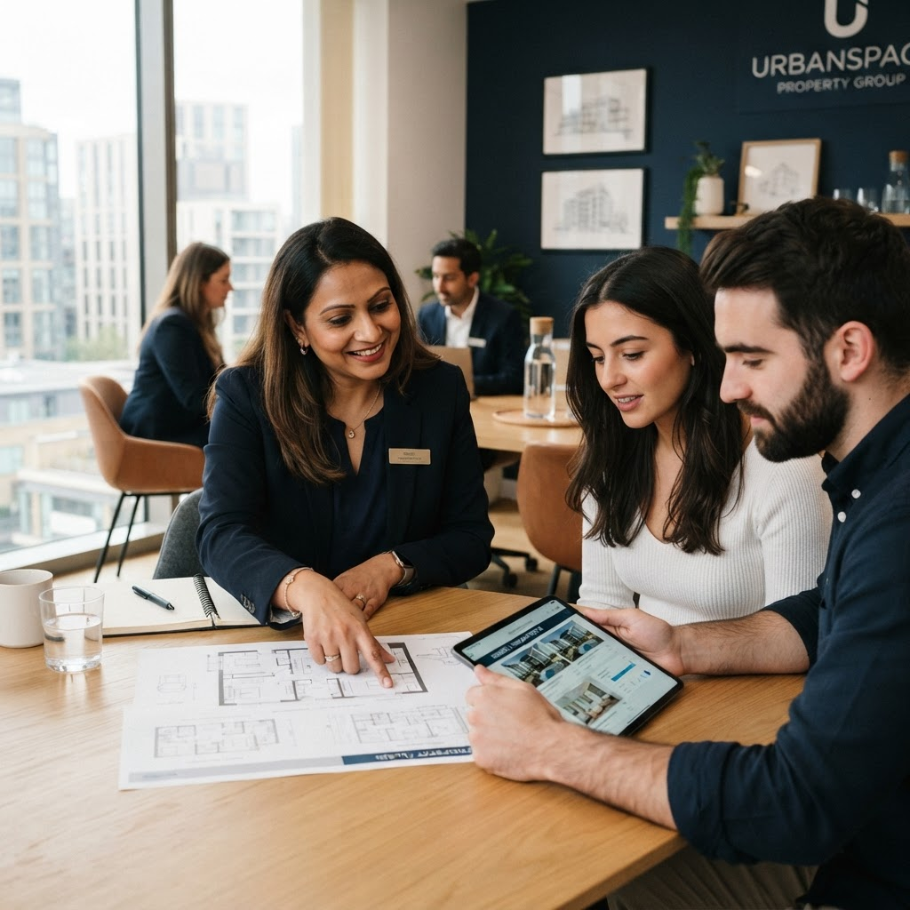 Property advisor reviewing project comparisons with a homebuying couple