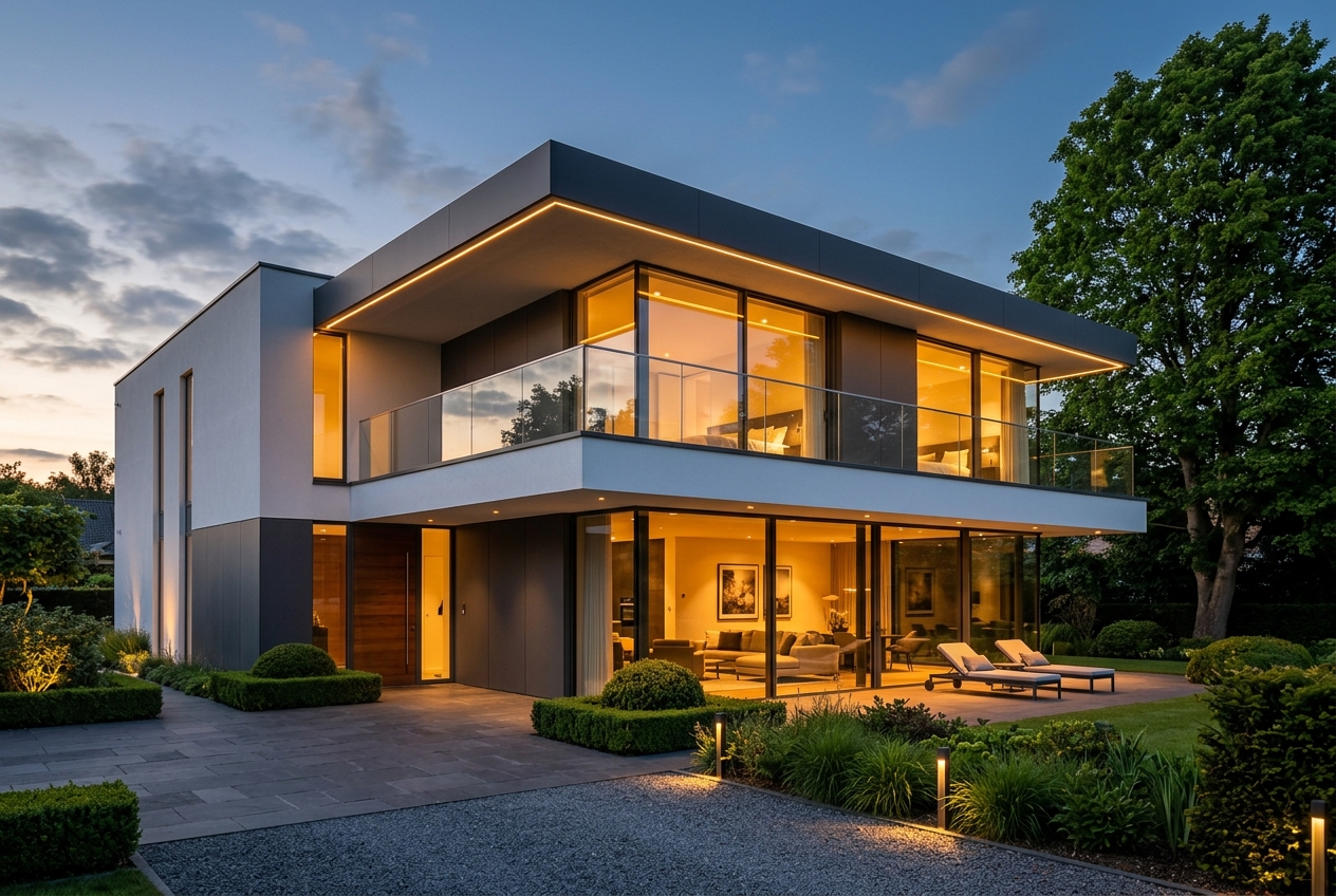 Modern residential home in Bengaluru at dusk with warm interior lighting