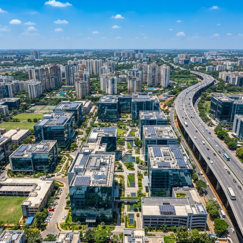 High-rise residential towers beside the Electronic City elevated expressway