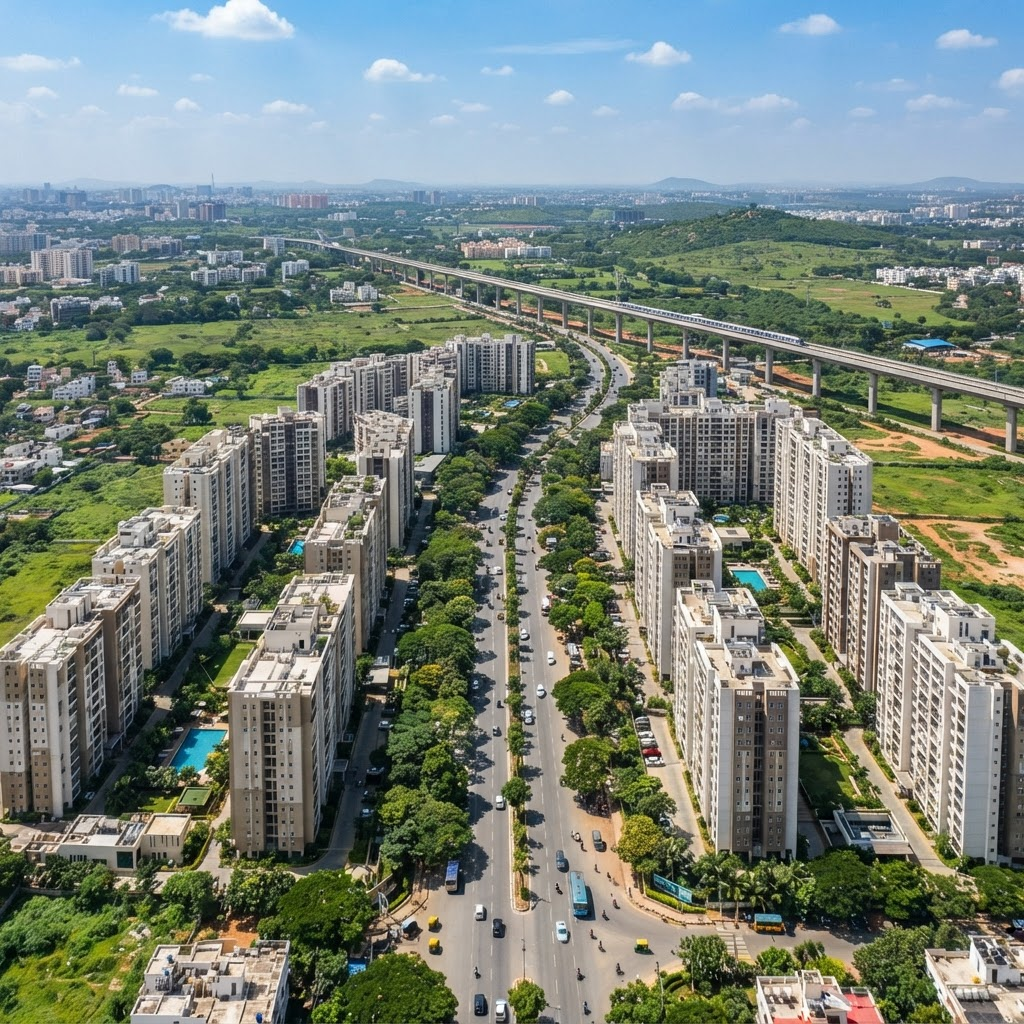 Wide arterial road with new residential towers along Kanakapura Road, Bengaluru
